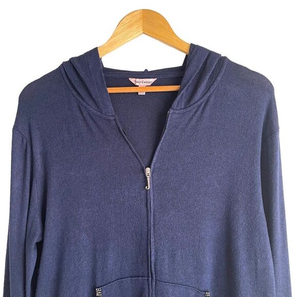 Juicy Couture Navy Blue Lightweight Y2K Knit Full Zip Hoodie with Jewel Trim - Picture 3 of 6